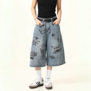 Premium wide-leg printed jeans shorts, men's baggy jean shorts with streetwear style