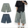 Unisex Wide-Leg Reformed Pleated Jean Shorts, Women's Baggy Denim Pants Over the Knee with Personality RF-F17