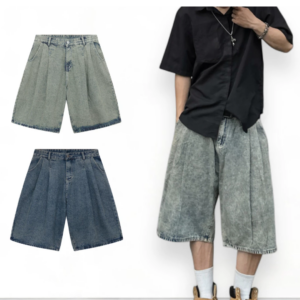 Unisex Wide-Leg Reformed Pleated Jean Shorts, Women's Baggy Denim Pants Over the Knee with Personality RF-F17