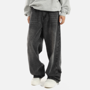 Vintage American Style Washed Grey Baggy Jeans – Unisex Elastic Waist Loose Wide-Leg Straight Fit Streetwear Pants