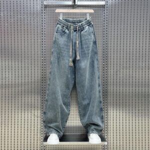 Men's Wide Leg Jeans with Elastic Waist Drawstring, Street Style, Casual Jeans, Men's Casual Jeans Menswear Loose